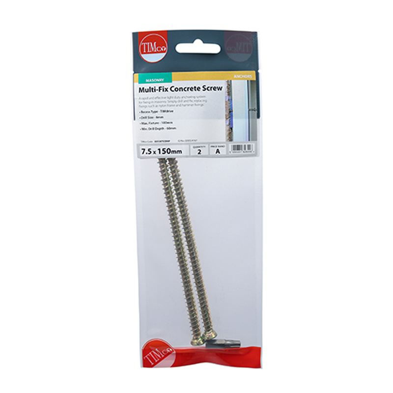 Concrete Screws - TX - Flat Countersunk - Yellow - 7.5mm x 150mm (2 Pack)