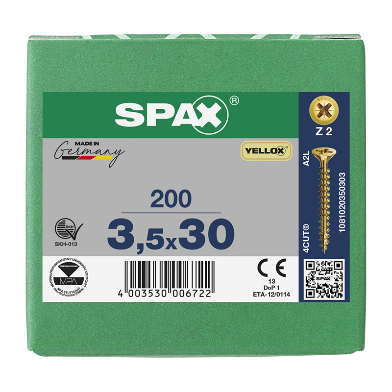 Spax YELLOX Pozi Z2 Universal Countersunk Screws 3.5mm x 30mm (200 Pack)