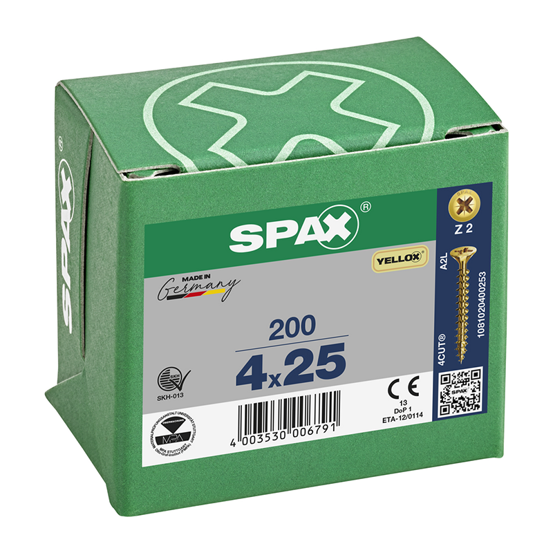 Spax YELLOX Pozi Z2 Universal Countersunk Screws 4mm x 25mm (200 Pack)