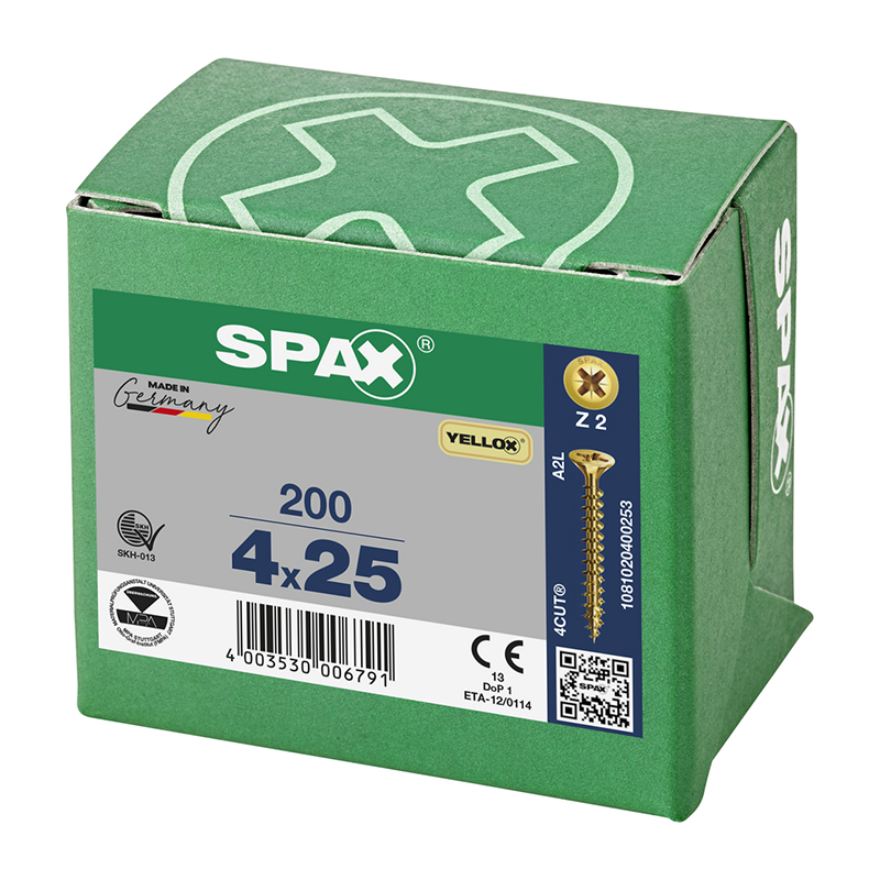 Spax YELLOX Pozi Z2 Universal Countersunk Screws 4mm x 25mm (200 Pack)