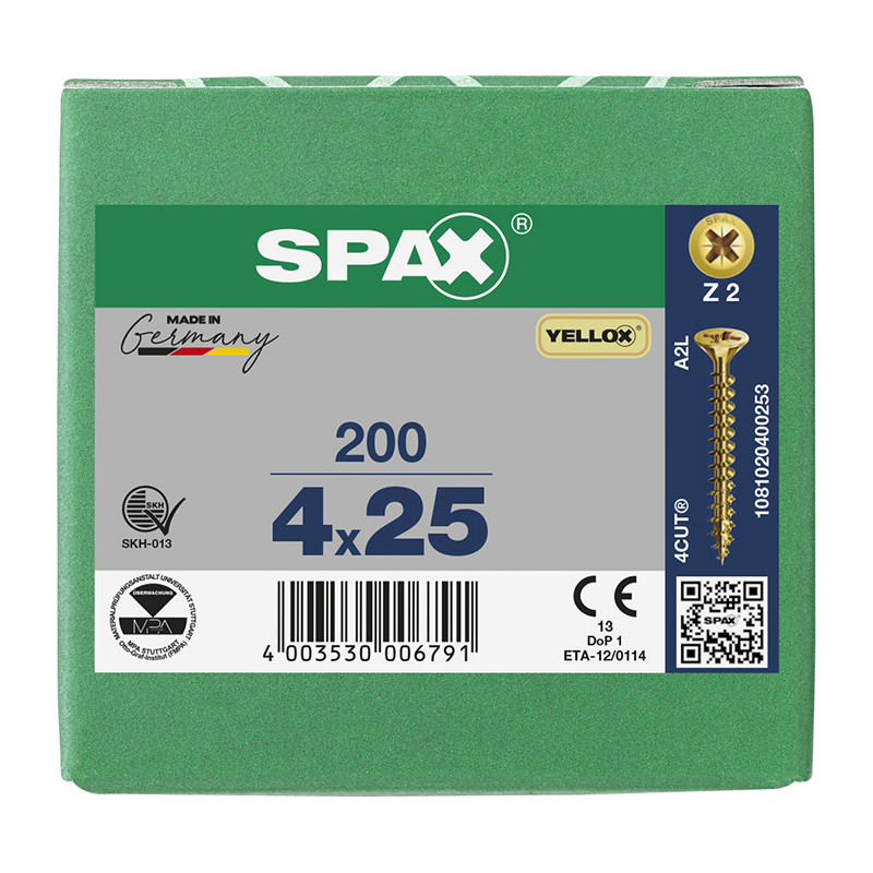 Spax YELLOX Pozi Z2 Universal Countersunk Screws 4mm x 25mm (200 Pack)