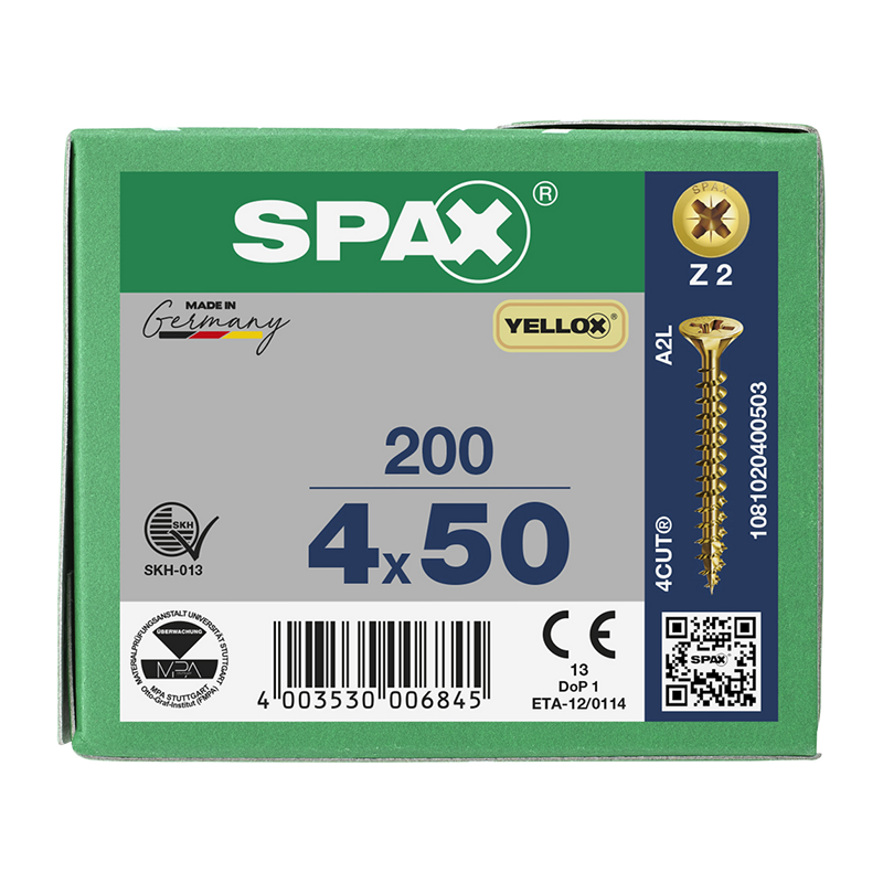 Spax YELLOX Pozi Z2 Universal Countersunk Screws 4mm x 50mm (200 Pack)