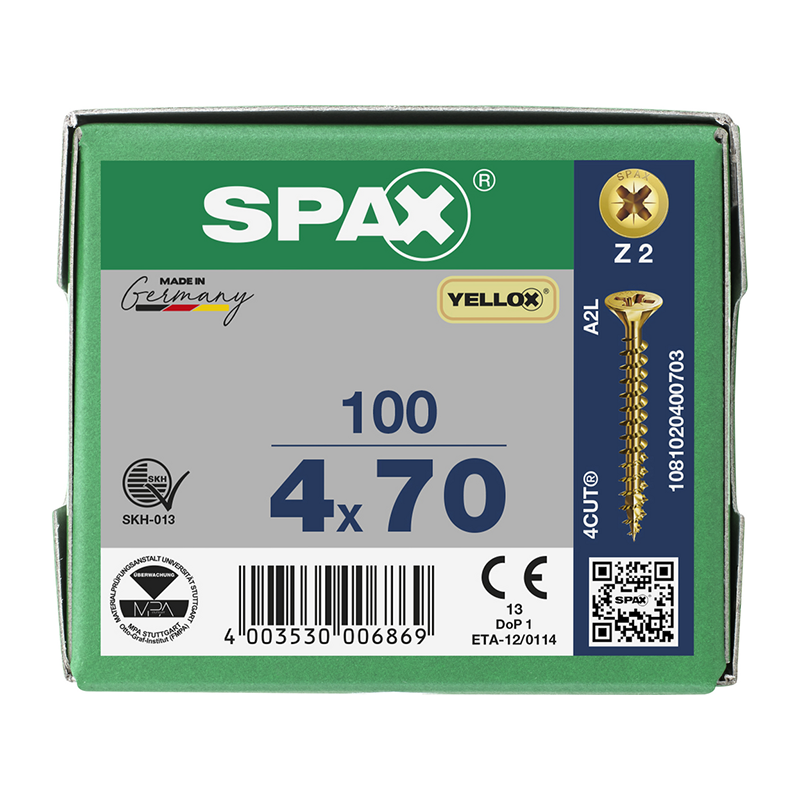 Spax YELLOX Pozi Z2 Universal Countersunk Screws 4mm x 70mm (100 Pack)