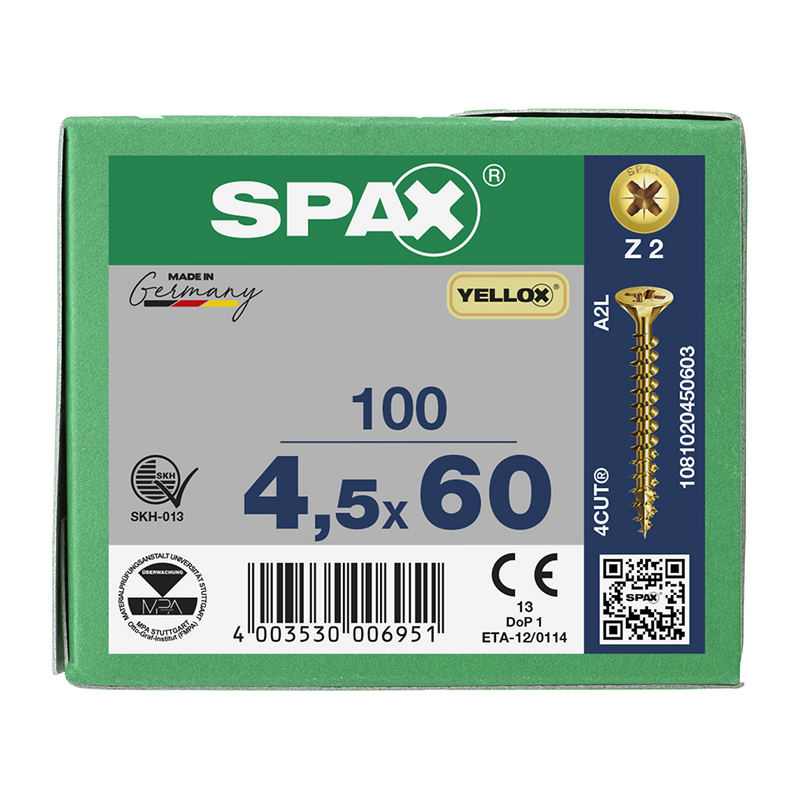 Spax YELLOX Pozi Z2 Universal Countersunk Screws 4.5mm x 60mm (100 Pack)