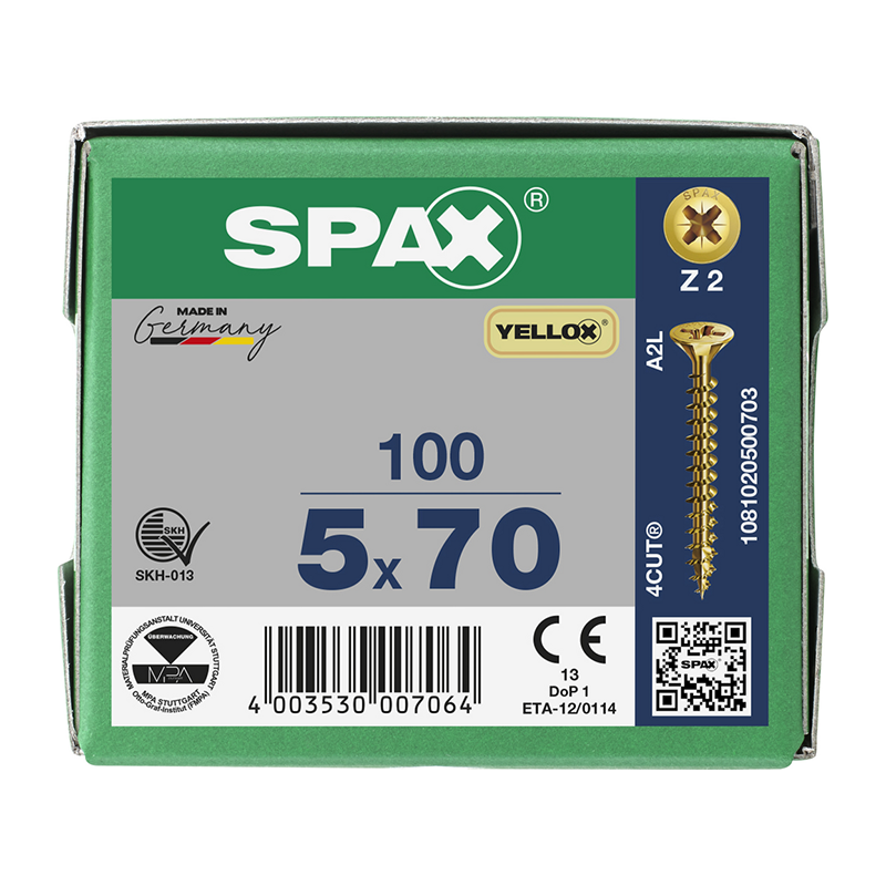 Spax YELLOX Pozi Z2 Universal Countersunk Screws 5mm x 70mm (100 Pack)