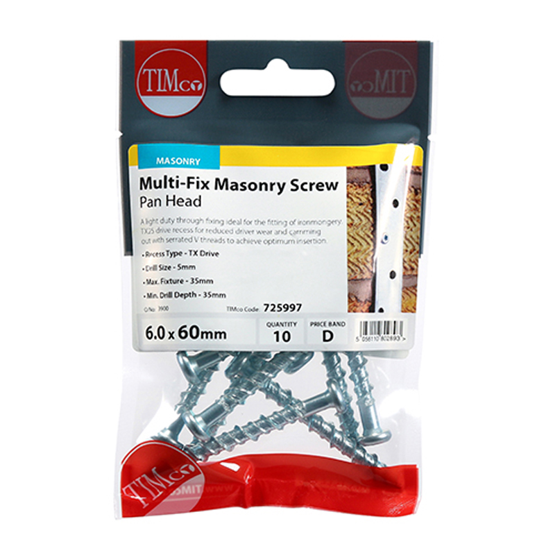 Masonry Screws - TX - Pan - Zinc - 6mm x 60mm (10 Pack)