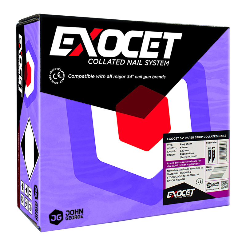 Exocet 3.1 x 63mm Gun Nails Electro Galvanised Angled (2200 Pack + 2 Fuel Cells)