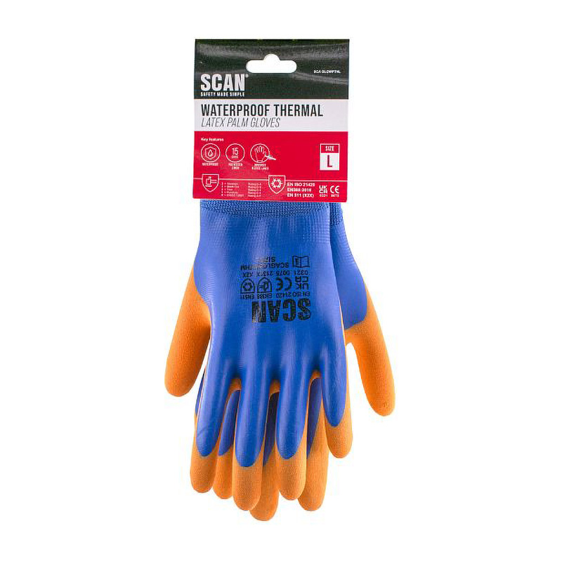 Scan Thermal Waterproof Latex Grip Gloves - Blue/Orange Size 10 (XL)