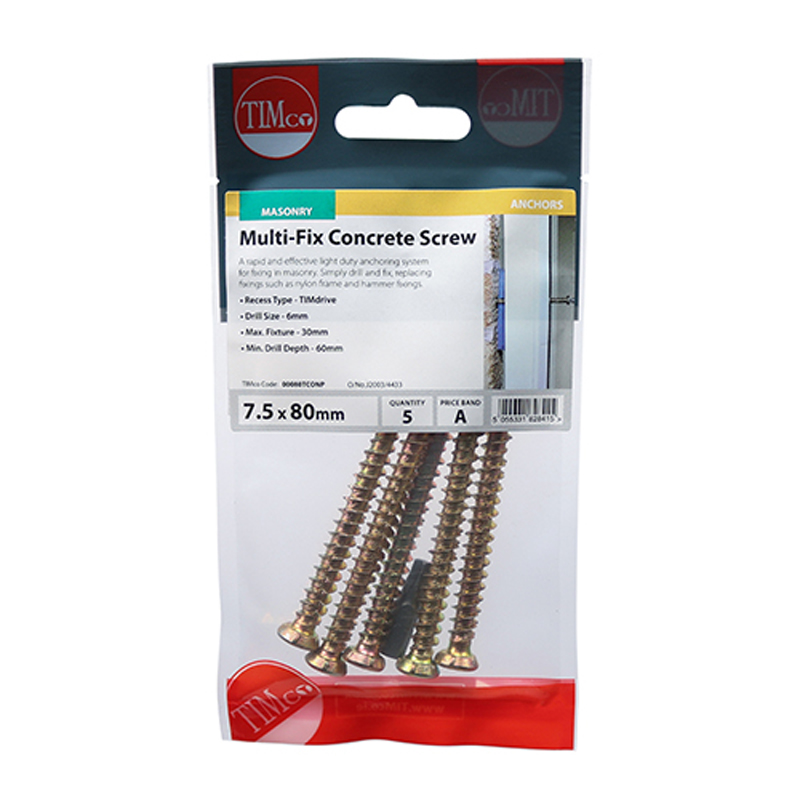 Concrete Screws - TX - Flat Countersunk - Yellow - 7.5mm x 80mm (5 Pack)