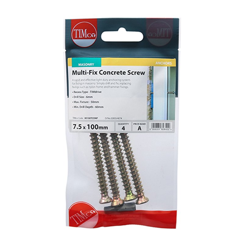 Concrete Screws - TX - Flat Countersunk - Yellow - 7.5mm x 100mm (4 Pack)