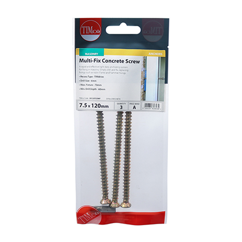 Concrete Screws - TX - Flat Countersunk - Yellow - 7.5mm x 120mm (3 Pack)