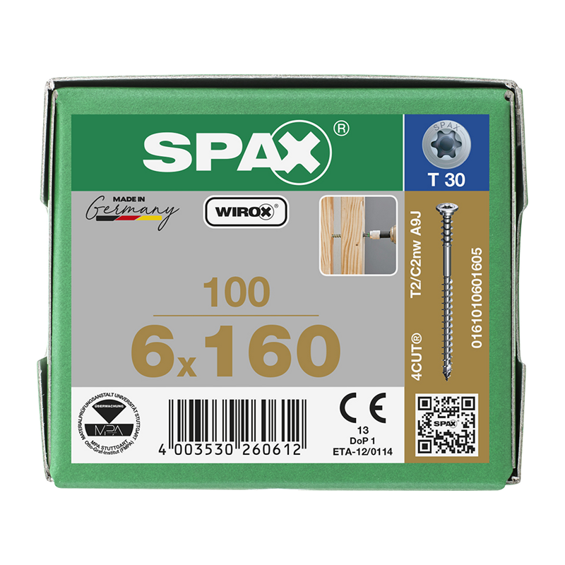 Spax WIROX Flat Head T-Star Plus T30 Adjusting Screws 6mm x 160mm (100 Pack)