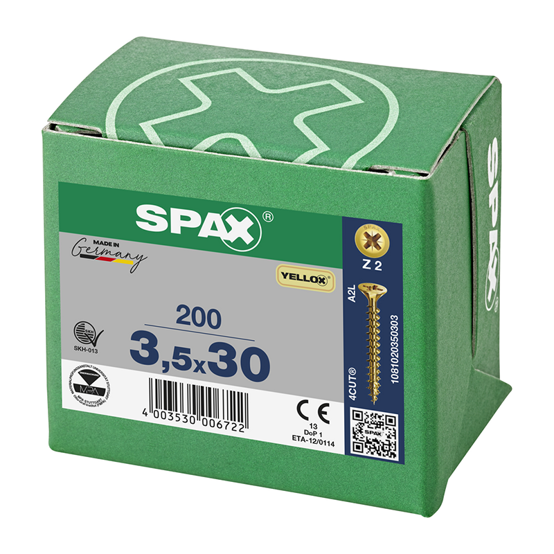 Spax YELLOX Pozi Z2 Universal Countersunk Screws 3.5mm x 30mm (200 Pack)