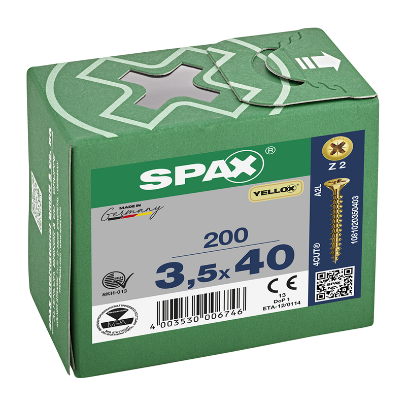Spax YELLOX Pozi Z2 Universal Countersunk Screws 3.5mm x 40mm (200 Pack)