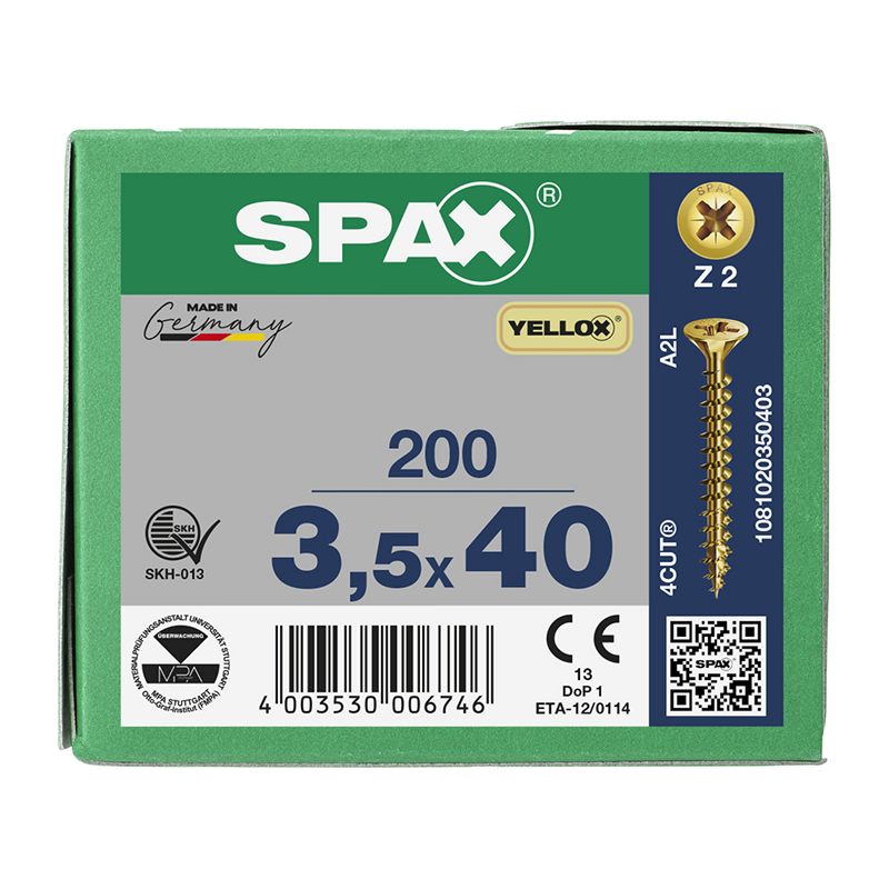 Spax YELLOX Pozi Z2 Universal Countersunk Screws 3.5mm x 40mm (200 Pack)