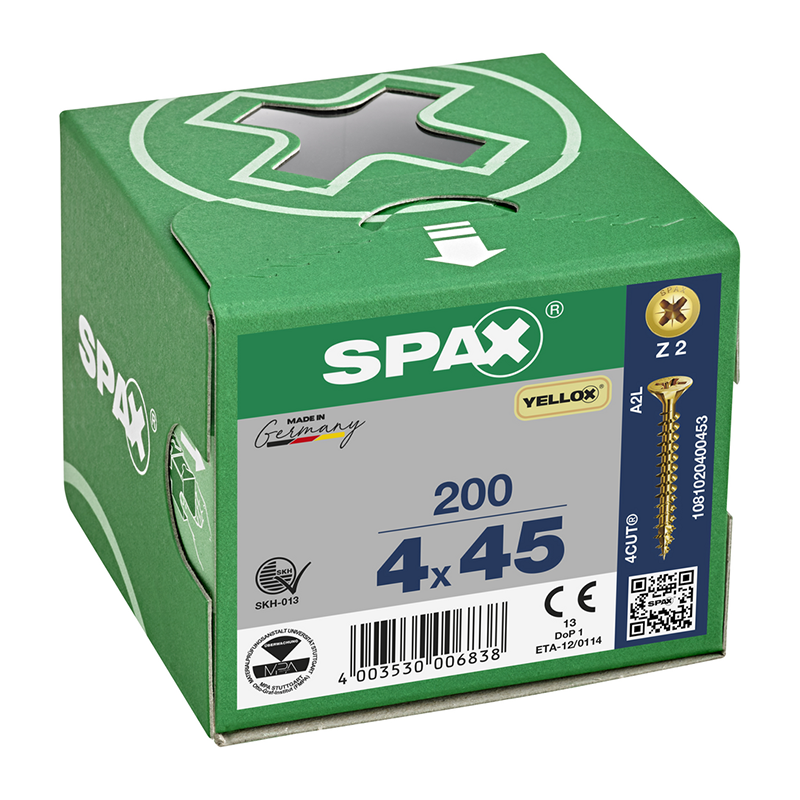 Spax YELLOX Pozi Z2 Universal Countersunk Screws 4mm x 45mm (200 Pack)