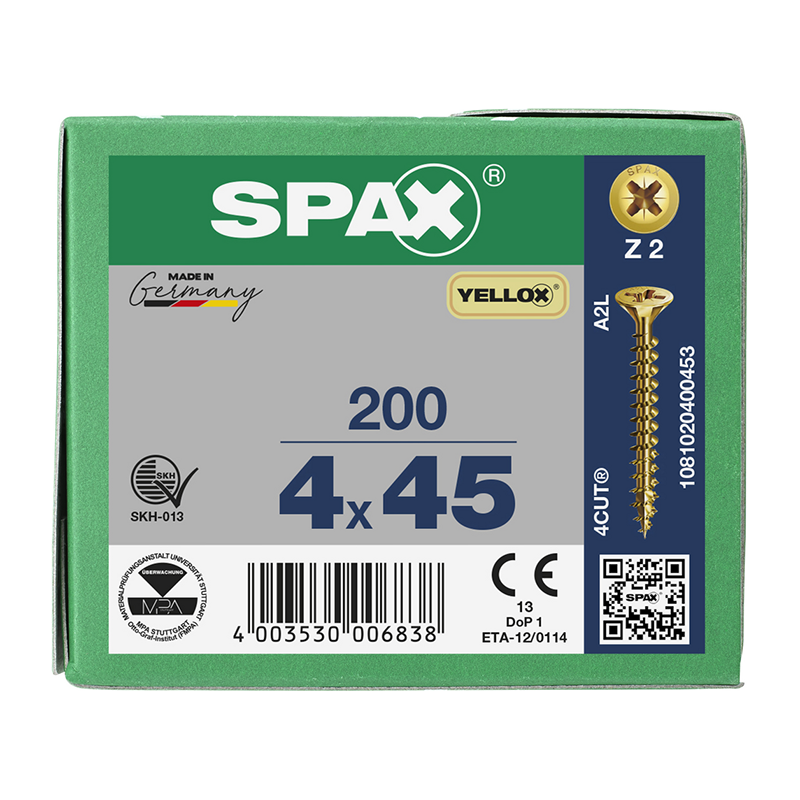 Spax YELLOX Pozi Z2 Universal Countersunk Screws 4mm x 45mm (200 Pack)