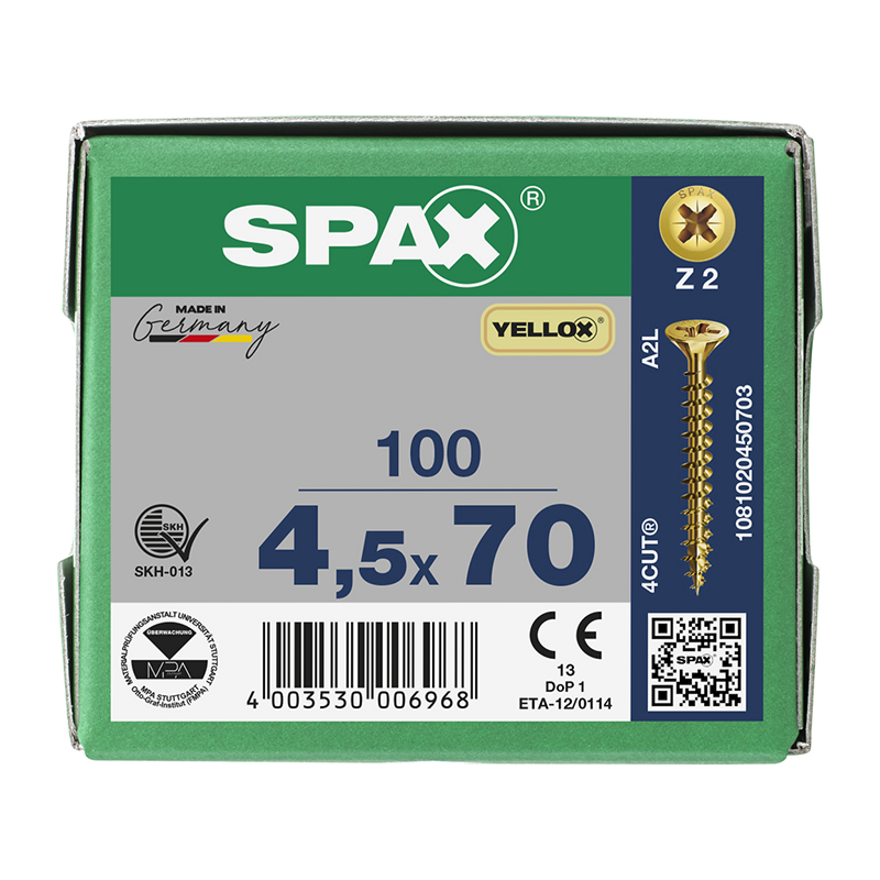 Spax YELLOX Pozi Z2 Universal Countersunk Screws 4.5mm x 70mm (100 Pack)