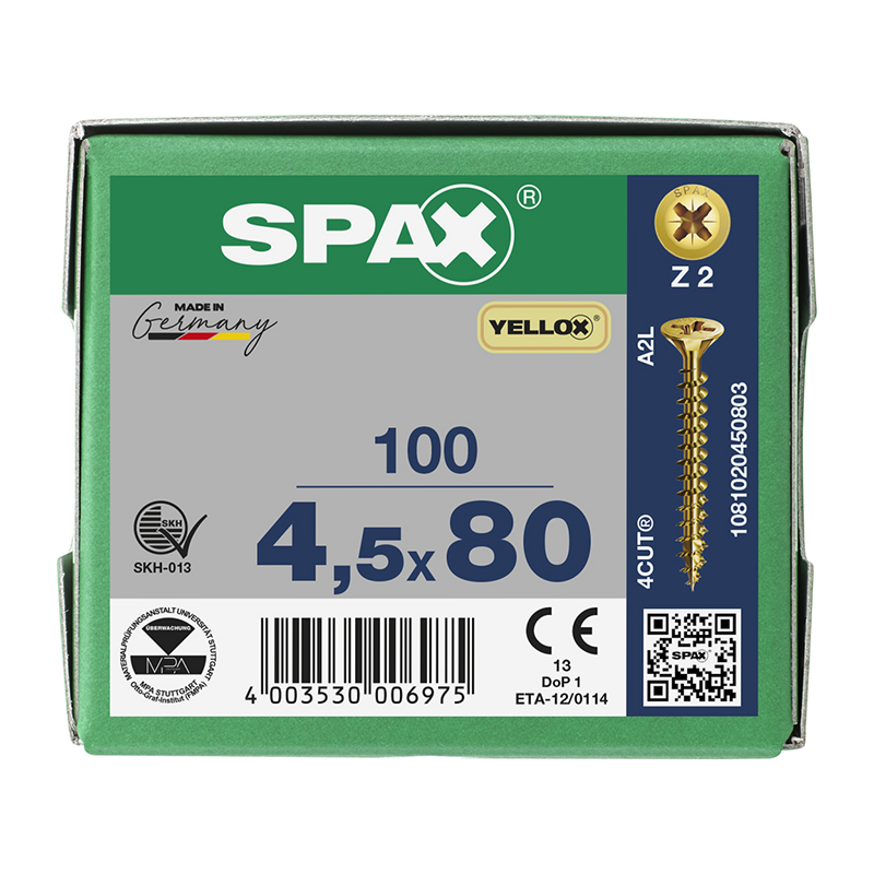 Spax YELLOX Pozi Z2 Universal Countersunk Screws 4.5mm x 80mm (100 Pack)