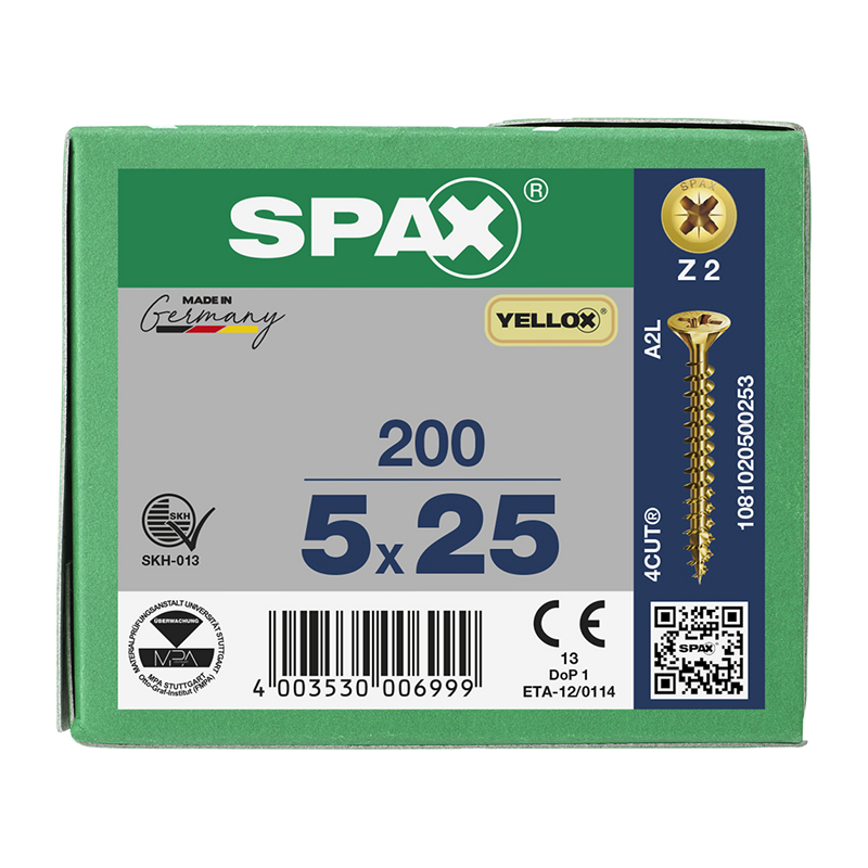 Spax YELLOX Pozi Z2 Universal Countersunk Screws 5mm x 25mm (200 Pack)