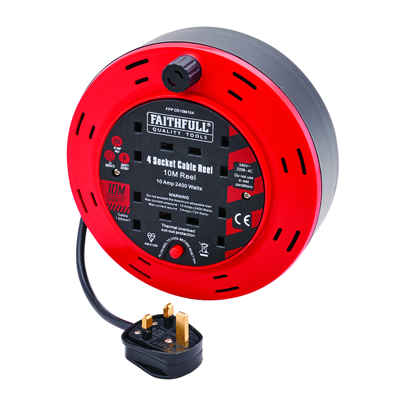 Faithfull Enclosed Cable Reel Extension Lead 240V 10A 4-Socket (10m)