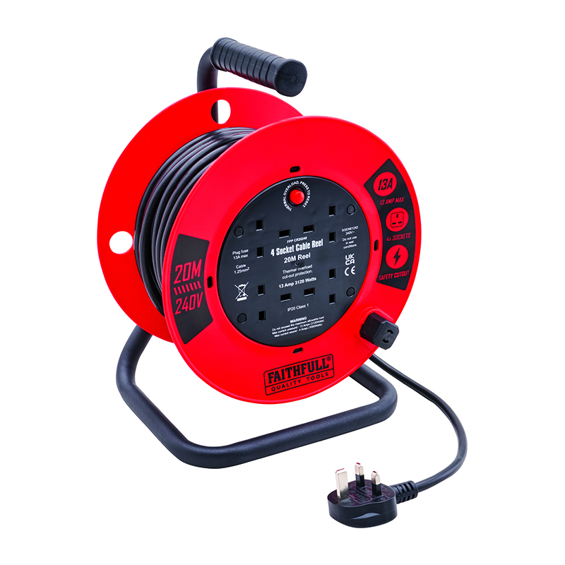 Faithfull Open Drum Cable Reel Extension Lead 240V 13A 4-Socket (20m)