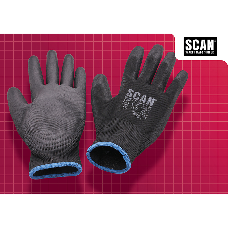 Scan PU Coated Gloves – Black Size 9/Large (5 Pairs)