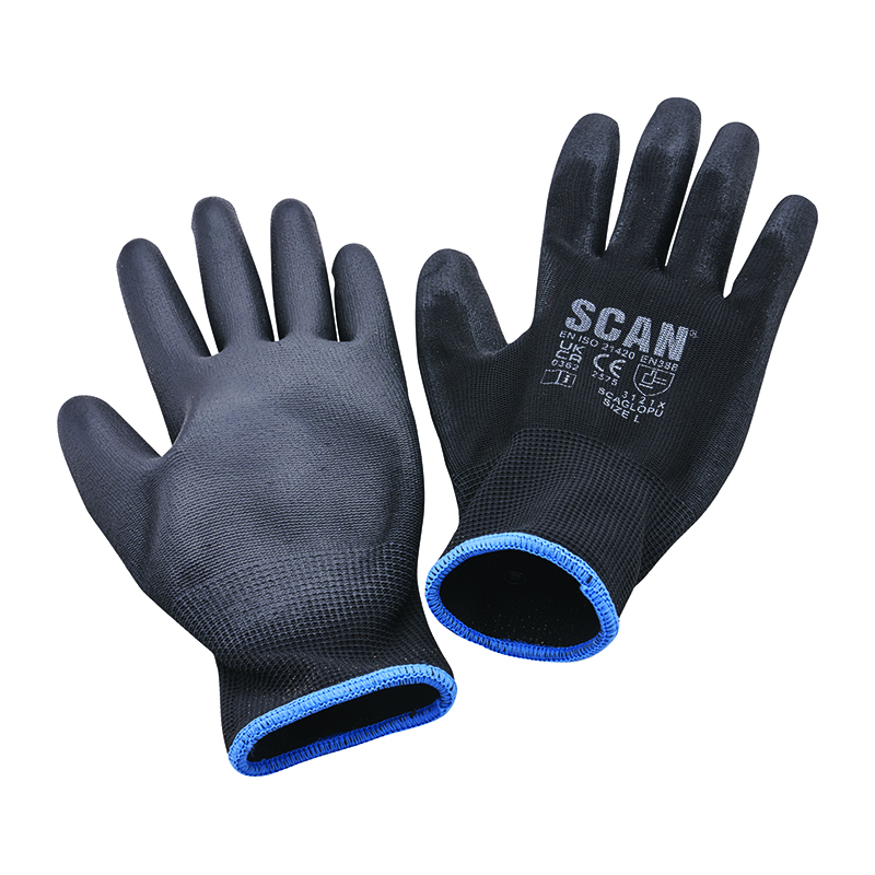 Scan PU Coated Gloves - Black Size 9/Large (5 Pairs)